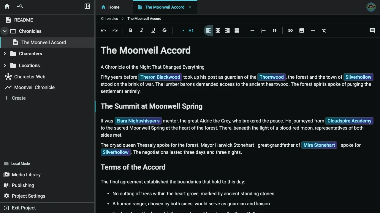 Inkweld’s editor: a project tree on the left, and a chapter in the middle with character and place names highlighted as links